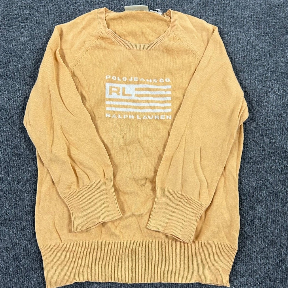 Polo Jeans Co Sweater Womens Size L Yellow Orange Logo Crewneck Knit Raglan